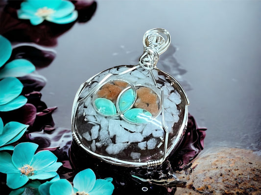 Turquoise Lotus Pendant - Wire Wrapped Orgonite